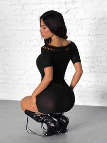 EgrlEra 女士性感黑色短袖提花迷你连衣裙 - 黑色 - 查看 2