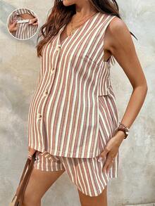SHEIN 2pcs Maternity Striped Single-Breasted Vest And Adjustable Waist Shorts Casual Set - Khaki - View 1