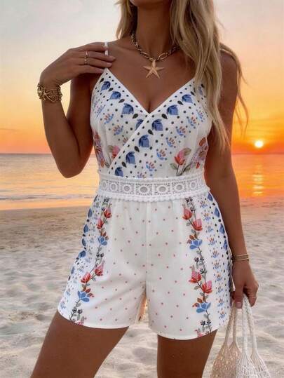 INAWLY Mono de mujer talla grande con estampado floral y encaje en contraste