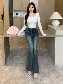 DAZY Women's Micro Flare Washed Korean Style Denim Jeans Petite - Blue - View 2