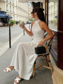 Pariaura Women's Polka Dot Pattern Pleated Halter Elegant French Style Dress - Green - View 7