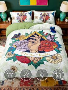 Frida Kahlo X SHEIN 三件套白色水果绿复古印花被套，采用柔软舒适的鬃毛面料，适用于双人床/标准双人床/大号双人床/特大号双人床，适合春夏两季，花卉图案。 - 白色 - 查看 6