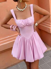 Selianne Standard Size Women's Ruched Waist Puff Dress, Wide Strap And Square Neckline Design - Pink - View 6