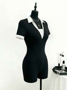 Lalippa Women's Black Fabric Collar Short Sleeve Unitard Casual Short Plain Jumpsuit With Zipper Detail - Black - View 4
