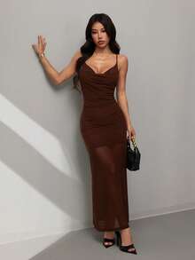 SHEIN PETITE Đầm nữ hở lưng với cổ yếm và lưng đính hạt, màu nâu, đầm đi nghỉ mát, thích hợp cho kỳ nghỉ biển và du lịch thường ngày. - màu nâu - Xem 5