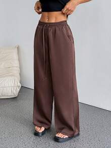 SHEIN PETITE 女士夏季乡村音乐会外出海滩装扮波西米亚风简约水洗100%纯棉白色弧形裤脚裤 - 棕色 - 查看 4