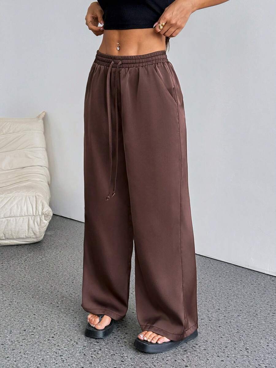 SHEIN PETITE 女士夏季乡村音乐会外出海滩装扮波西米亚风简约水洗100%纯棉白色弧形裤脚裤 - 棕色 - 查看 1