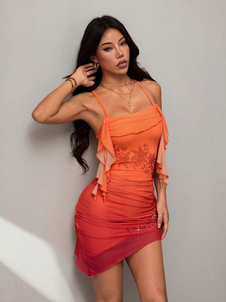 SHEIN PETITE 女士渐变橙色水钻花卉荷叶边吊带迷你连衣裙,适合度假、约会、下午茶、海滩、邮轮、海岛度假、城市旅行 - 橘色 - 查看 1