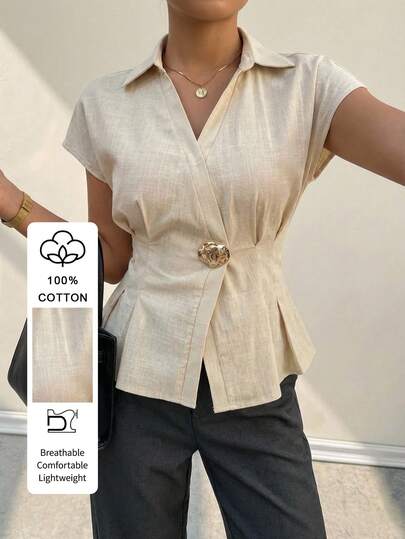 Ritzy Row Women's Casual And Elegant Stylish Metallic Pleated Elegant Fitted Blouse For Women, Fitted A-Line Short Sleeve Blouse. Summer