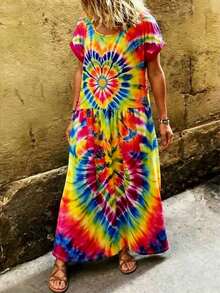 Women's Casual Tie-Dye Print Dress For Vacation - Multicolor - View 4