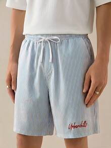 SWAVVY Men's Letter Print Striped Drawstring Waist Casual Shorts, Summer - Blue - View 1