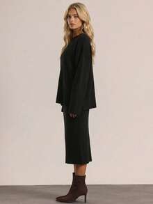 RueChic Drop Shoulder Rolled Cuff Tee And Skirt Set - Black - View 4