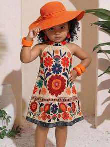 SHEIN Baby Girl Floral Print Casual Vacation Sleeveless Dress - Multicolor - View 3