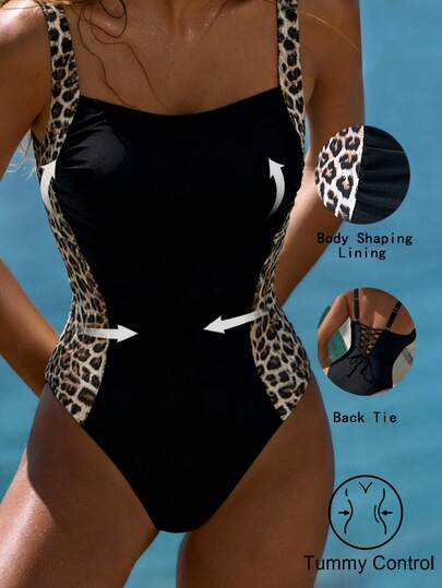  Shapewave New Arrival Women's Elegant Sexy Wild Edgy Y2K Retro Leopard Print Color Block One Piece Swimsuit - Black Body With Leopard Side Panels, Square Neck, Wide Straps, Back Lace Up Tie, High Cut Leg & Slim Fit - Tummy Control Body Shaping Lining, Ruched Bust, Flattering Silhouette, Secure Fit, Smooth Stretchy Fabric - Bold Fashion-Forward Chic Beachwear For Pool Wear, Summer Vacation, Resort Wear, Pool Party, Beach Holiday & Tropical Getaway