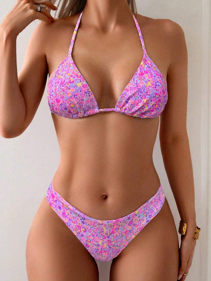 SHEIN Swim 女士夏季沙滩印花露背系带性感比基尼和三角泳裤套装 - 彩色 - 查看 1