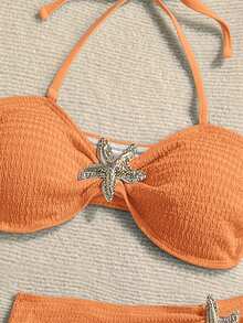 Soleia Bộ bikini quây 3 món bằng vải dệt họa tiết kèm váy ngắn. - trái cam - Xem 3