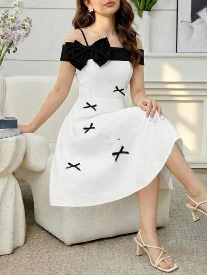 Girls' Black & White Camisole Dress, Butterfly Dress, Casual Daily Wear Dress