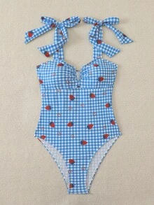 Swim Mod Women's Plaid & Strawberry Print Tie Front One-Piece Swimsuit - Multicolor - View 7