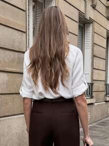 Pariaura White Pleated Texture Long Sleeve Shirt,Elegant Summer Casual French Style Button Down Tops For Holiday Occasion,Minimalist Office Commute Work Shirt - White - View 2