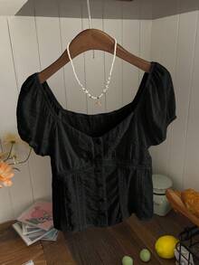 Comfortcana Plus Size V-Neck Floral Contrast Trim Short Sleeve Shirt, Summer - Black - View 5