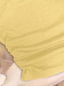 Lyxana Women's Solid Color Shiny Off Shoulder Long Sleeve Ruched T-Shirt - Yellow - View 3