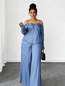 Maweii Plus Size Casual Commuter Off-Shoulder Camisole Top And Wide Leg Pants 2 Pieces Set Fall - Baby Blue - View 3