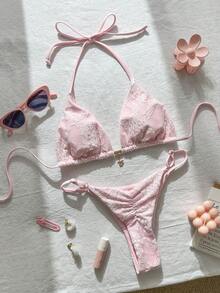 Swim Mod Women's Pink Lace Pattern Thongs Bikini Set With Halter Neckline And Tie Back Details - Pink - View 1
