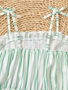 SHEIN Genkimix Kids 3件套少女休闲度假可爱碎花条纹纯色连体衣，适合多子女家庭、海滩度假、户外玩耍、上学等场合。 - 綠色 - 查看 3