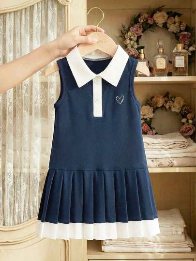 Souflis Souflis French Style New Summer Dress For Baby Girls, Navy Blue Body With White Lapel Sleeveless Dress, Suitable For School, Play, Shopping And Other Occasions