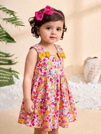 SHEIN Baby Girl Cute Floral Pattern Bow Strap Sundress, Summer Squishy Summer Outfits Summer Clothes Summer Dresses Vacation Spring Dresses Vacation Dresses