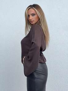 Jeta Ari 女士优雅后腰系带长袖衬衫，适合秋季通勤 - 棕色 - 查看 5