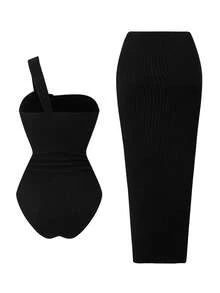 Swim Oasis Spring/Summer New Women's One-Piece Swimsuit Set, Black Special Textured Fabric, Asymmetric Shoulder Strap Crossover Design Swimsuit And Side Slit Ruched Tie-Up Maxi Skirt, Elegant Conservative Style Suitable For Beach, Pool Party - Black - View 2