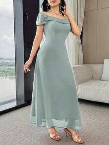 Feyla Gaun Elegan Wanita Warna Polos dengan Lipit dan Bahu Terbuka - Hijau - View 5