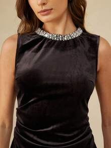 Zanirela New European And American Style Rhinestone Decor Crew Neck Solid Velvet Sleeveless Vest Top For Women, Fashionable & Versatile For Spring/Summer - Black - View 4