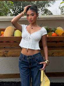 Muchica Spring/Summer New Jacquard Knit Cropped T-Shirt With Sweetheart Neckline For Women - White - View 4