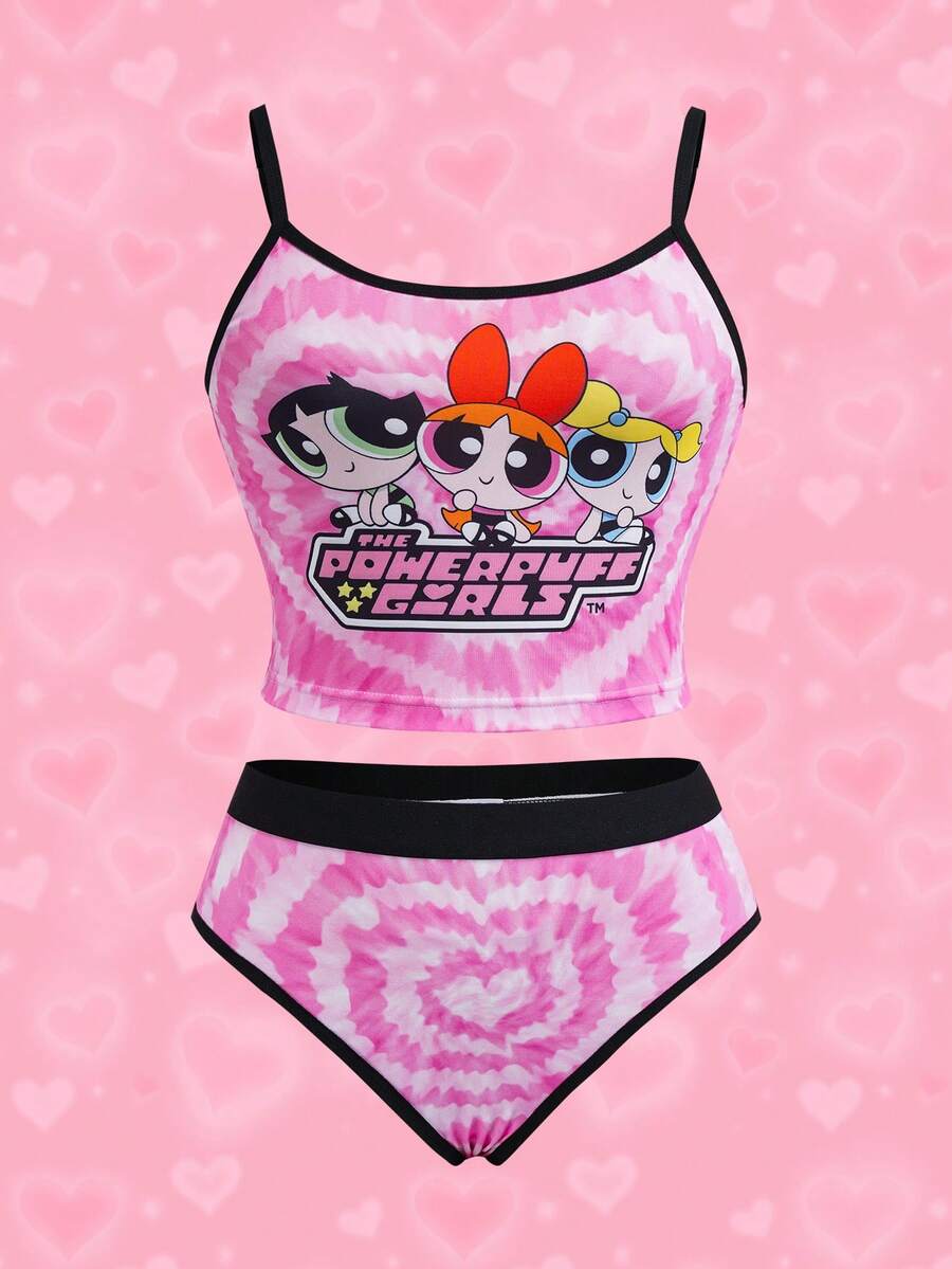 THE POWERPUFF GIRLS X SHEIN Women's Letter & Cartoon Print Camisole Bra Set - Pink - View 1
