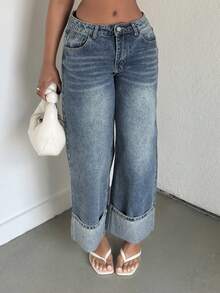 Alexandranx 女士牛仔裤复古灰蓝色直筒九分裤翻边休闲百搭外出秋季女装 - 淺色水洗藍 - 查看 6