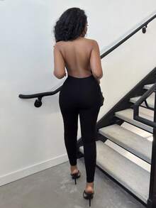 Alexandranx 女士 Y2k 外出性感派对深 V 领露背紧身黑色连体裤 - 黑色 - 查看 2