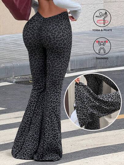 Dewbera 1pc Women's Seamless Sexy Leopard Print V-Back Waist Sports Leggings For Running, Fitness, Yoga, Dance, Flared Workout Pants