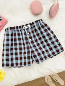 CovetEZ 女士格子纽扣设计休闲宽松短裤 女士度假套装 女士格子短裤 女士夏季套装 女士短裤 夏季女士休闲短裤 - 藍色 - 查看 5