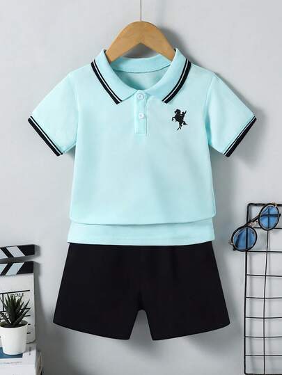 SHEIN Camisa polo casual de manga corta a rayas para niño pequeño estilo caballero