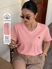 Livesso Curve Camiseta blanca de manga corta holgada con cuello en V y patrón bordado - Rosa - Ver 1