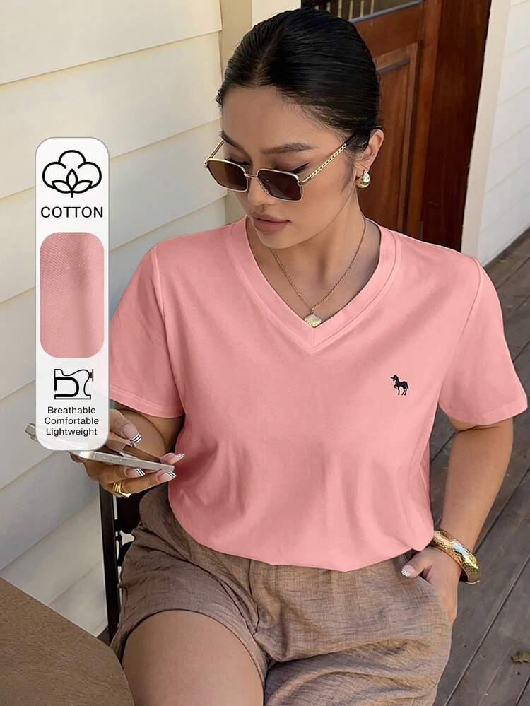 Embroidered Pattern V-Neck Loose White Short Sleeve T-Shirt