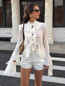Selianne Áo sơ mi nữ dáng suông thanh lịch, cỡ tiêu chuẩn, thích hợp cho công sở, mùa xuân/hè. - Màu be - Xem 7