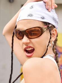 1pc Y2K Wraparound Fashion Fashion Glasses, Millennium Futuristic Style, European & American Style Glasses, Integrated Personalized Eyewear - Mocha Brown - View 2