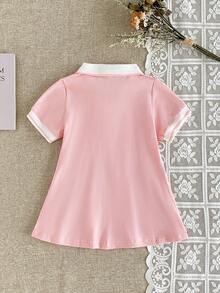 SHEIN Playful Pals Baby Girl Contrast Trim Casual Short Sleeve Dress - Pink - View 2