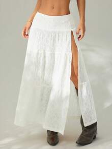 SHEIN PETITE Women's Vintage Solid Color Textured High Slit Skirt, Summer - White - View 5