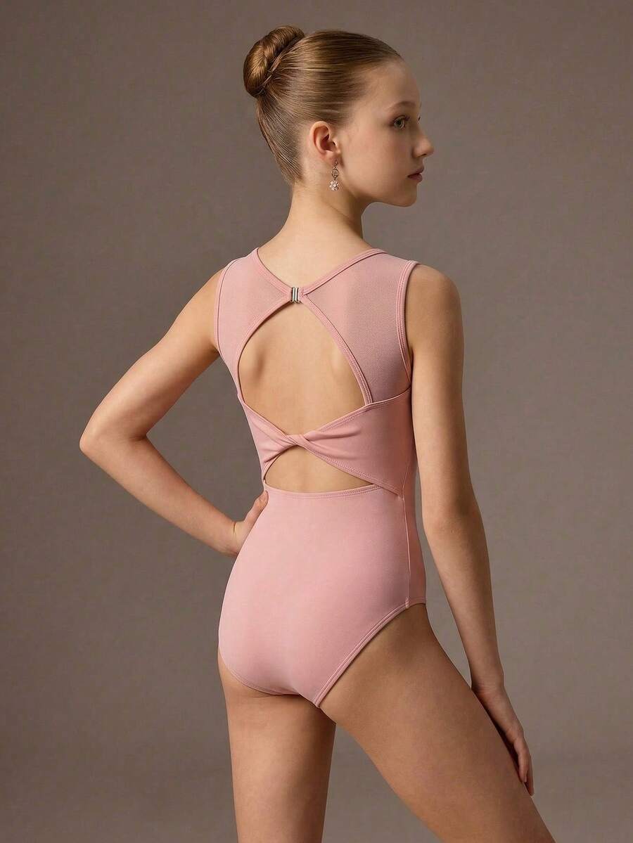 Tween Girls' Pink Minimalist High Stretch Fabric Leotard With Bow Cutout Mesh Splice, Sleeveless Jumpsuit Suitable For School, Professional Ballet, Gymnastics, Dance Studio Training Leotards Ballet Ballet Leotard Ballet Bodysuit Dance Leotard Pink Leotard - Pink - View 1