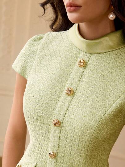 ZEYLAH Satin Patchwork Stand Collar Top And Skirt Two Pieces Set, Elegant And Dignified