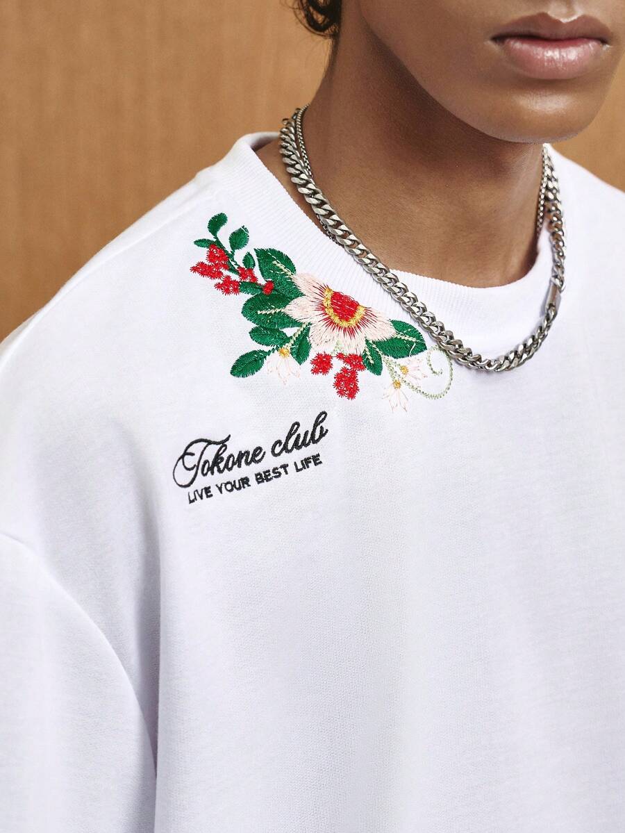 TOKVUE 男士休闲时尚度假短袖T恤，圆领针织衫，简约空白款，法式乡村风情，浪漫文艺，3D刺绣，简约法式，文艺范儿，修身剪裁，低调实用，日常通勤，度假商务出行，主题活动，节日礼物，男友礼物 - 白色 - 查看 1